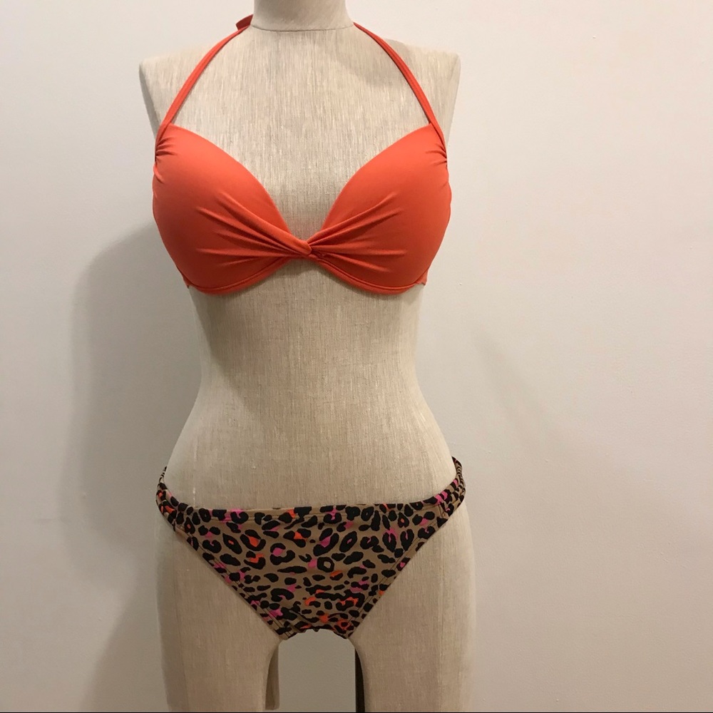 Victoria's Secret Orange Halter Bikini Top with Leopard Print Bottom